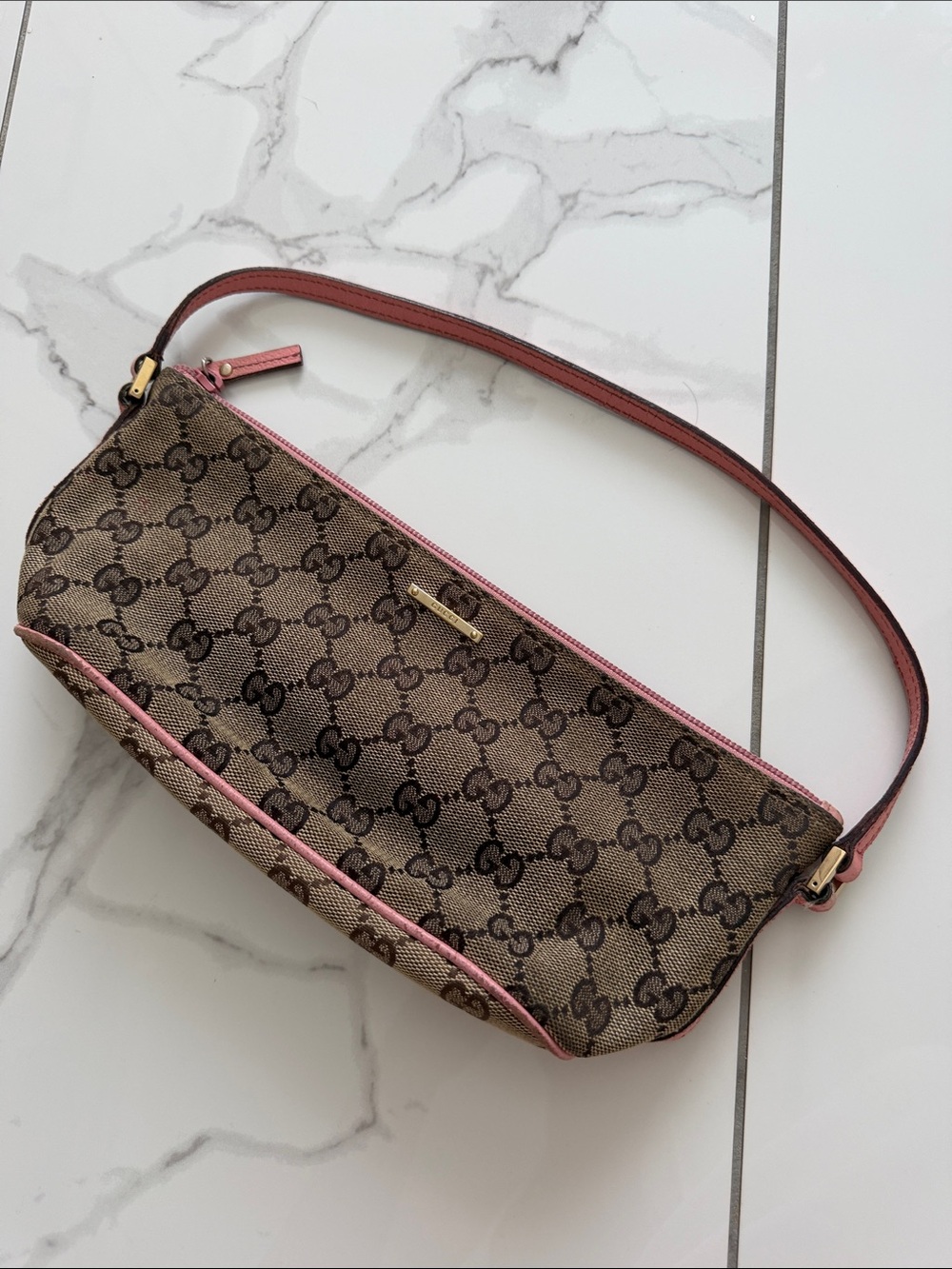 Gucci Brown Monogram Shoulder Bag with Pink Trim